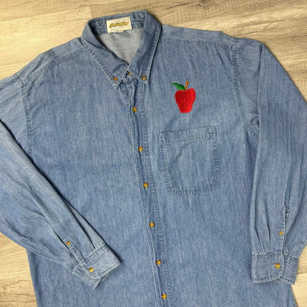 Vintage 90s Denim Jean Long Sleeve Button Front Shirt SZ XL Apple Patch Teacher - Picture 2 of 8